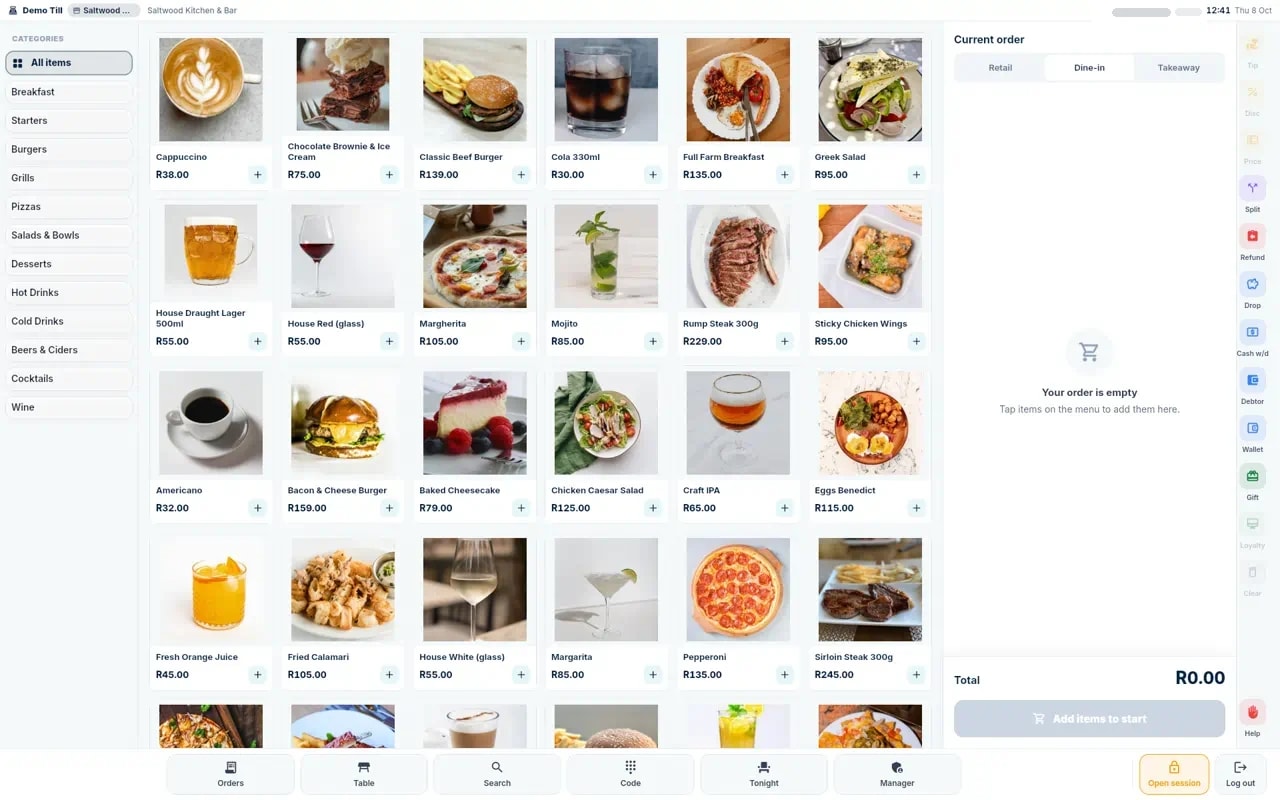 PosiTack till showing menu categories, products, prices and the current order
