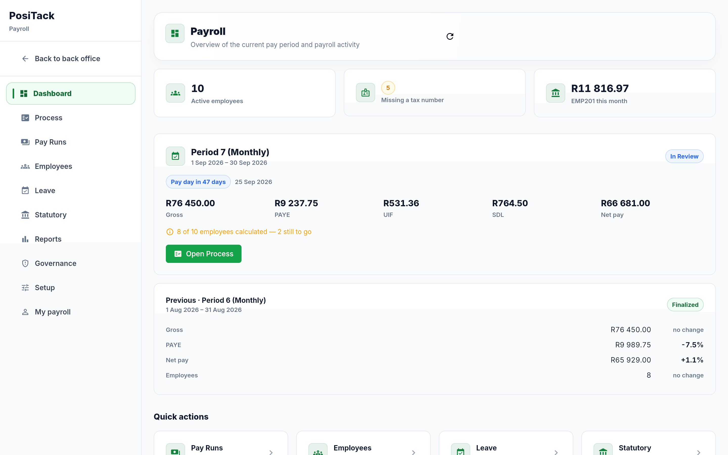 The PosiTack payroll dashboard showing a live pay period with PAYE, UIF, SDL and net pay totals